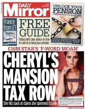 Daily Mirror Newspaper Front Page (UK) for 21 March 2015