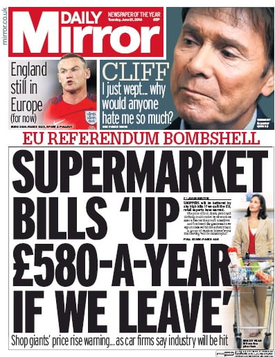 Daily Mirror Newspaper Front Page (UK) for 21 June 2016
