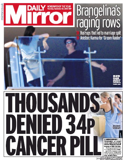Daily Mirror Newspaper Front Page (UK) for 22 September 2016