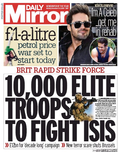 Daily Mirror Newspaper Front Page (UK) for 23 November 2015