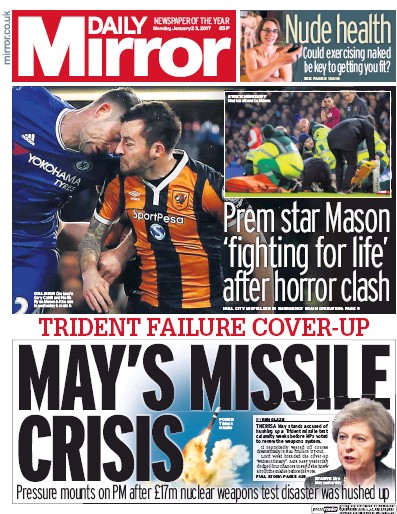 Daily Mirror Newspaper Front Page (UK) for 23 January 2017