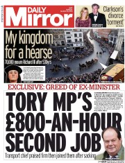 Daily Mirror Newspaper Front Page (UK) for 23 March 2015