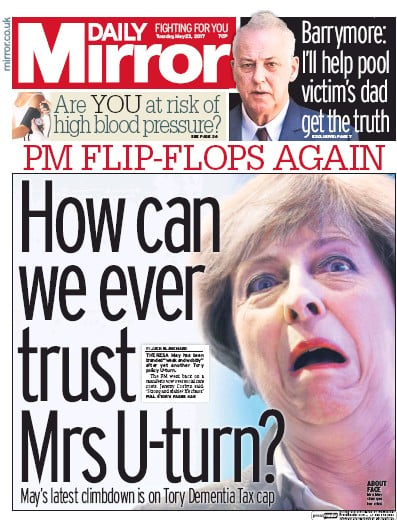 Daily Mirror Newspaper Front Page (UK) for 23 May 2017