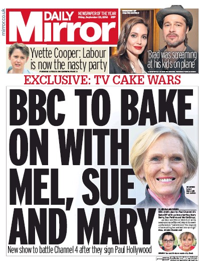 Daily Mirror Newspaper Front Page (UK) for 23 September 2016