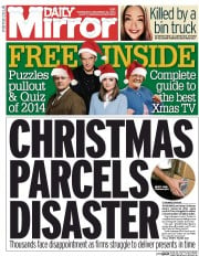 Daily Mirror Newspaper Front Page (UK) for 24 December 2014