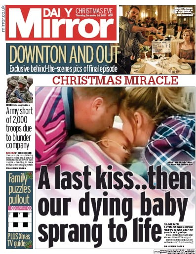 Daily Mirror Newspaper Front Page (UK) for 24 December 2015