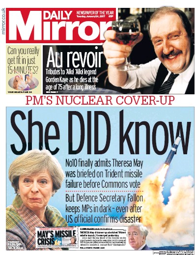 Daily Mirror Newspaper Front Page (UK) for 24 January 2017