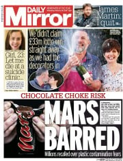 Daily Mirror (UK) Newspaper Front Page for 24 February 2016