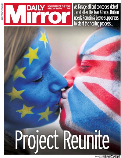Daily Mirror Newspaper Front Page (UK) for 24 June 2016