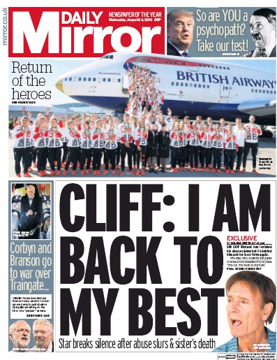 Daily Mirror Newspaper Front Page (UK) for 24 August 2016