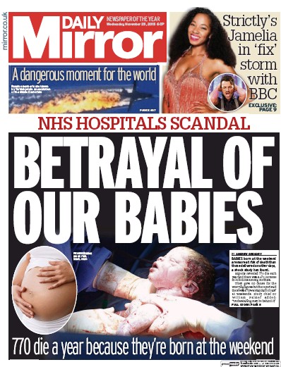 Daily Mirror Newspaper Front Page (UK) for 25 November 2015