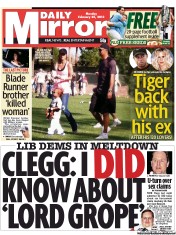 Daily Mirror Newspaper Front Page (UK) for 25 February 2013