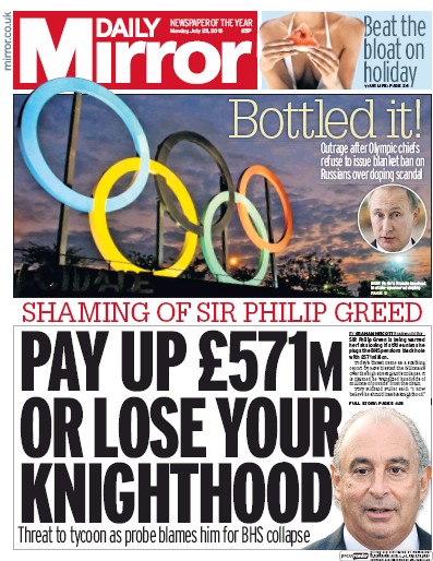 Daily Mirror Newspaper Front Page (UK) for 25 July 2016