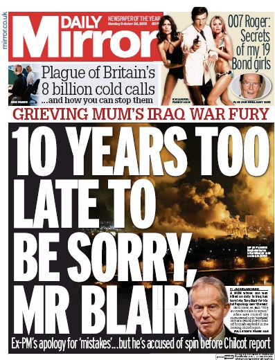 Daily Mirror Newspaper Front Page (UK) for 26 October 2015