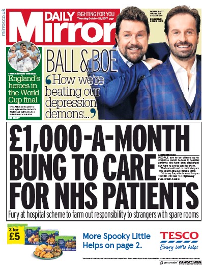 Daily Mirror Newspaper Front Page (UK) for 26 October 2017