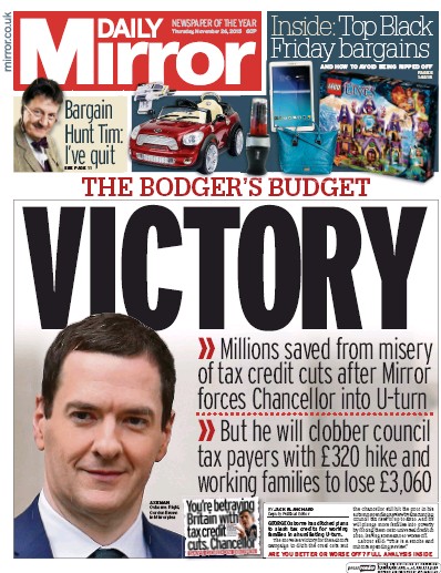Daily Mirror Newspaper Front Page (UK) for 26 November 2015