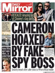 Daily Mirror Newspaper Front Page (UK) for 26 January 2015