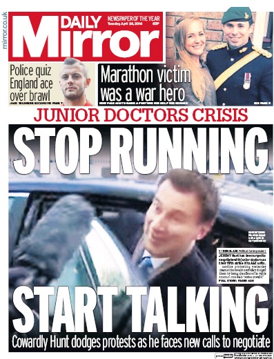 Daily Mirror Newspaper Front Page (UK) for 26 April 2016