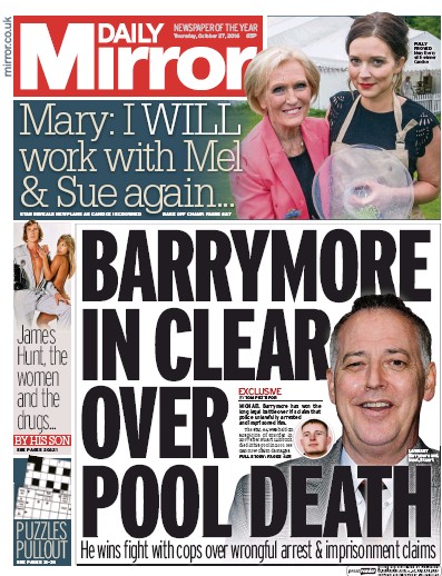 Daily Mirror Newspaper Front Page (UK) for 27 October 2016