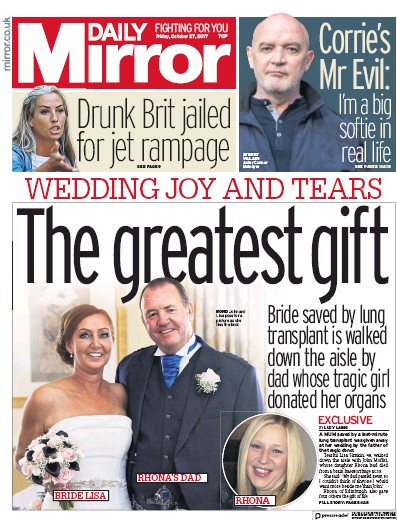 Daily Mirror Newspaper Front Page (UK) for 27 October 2017