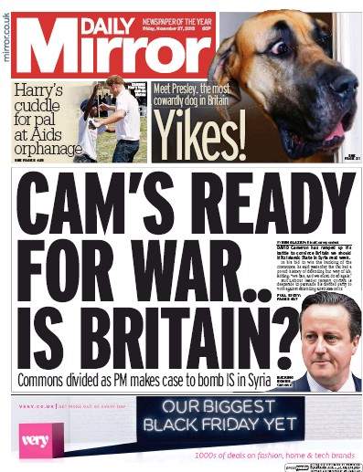 Daily Mirror Newspaper Front Page (UK) for 27 November 2015