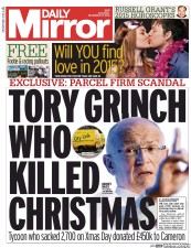 Daily Mirror Newspaper Front Page (UK) for 27 December 2014