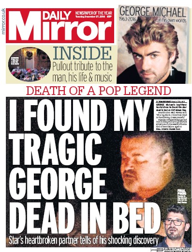Daily Mirror Newspaper Front Page (UK) for 27 December 2016