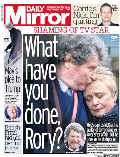 Daily Mirror Newspaper Front Page (UK) for 27 January 2017