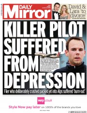 Daily Mirror Newspaper Front Page (UK) for 27 March 2015