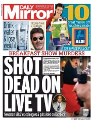 Daily Mirror Newspaper Front Page (UK) for 27 August 2015