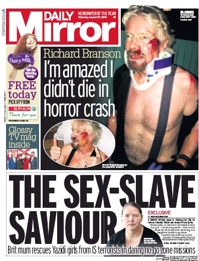 Daily Mirror Newspaper Front Page (UK) for 27 August 2016