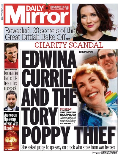 Daily Mirror Newspaper Front Page (UK) for 28 October 2016