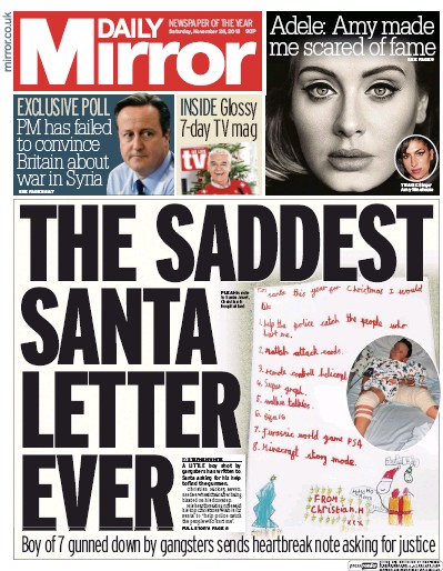 Daily Mirror Newspaper Front Page (UK) for 28 November 2015