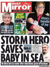 Daily Mirror Newspaper Front Page (UK) for 28 January 2013