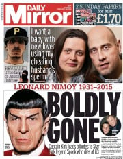 Daily Mirror Newspaper Front Page (UK) for 28 February 2015