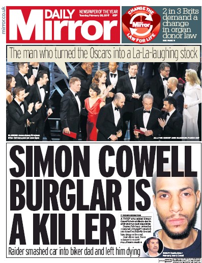 Daily Mirror Newspaper Front Page (UK) for 28 February 2017