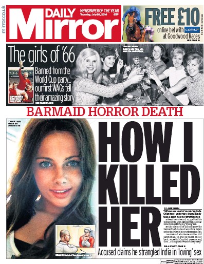 Daily Mirror Newspaper Front Page (UK) for 28 July 2016