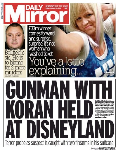 Daily Mirror Newspaper Front Page (UK) for 29 January 2016