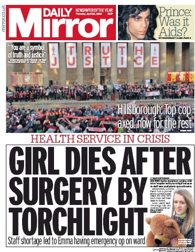 Daily Mirror Newspaper Front Page (UK) for 29 April 2016