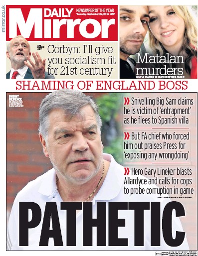 Daily Mirror Newspaper Front Page (UK) for 29 September 2016