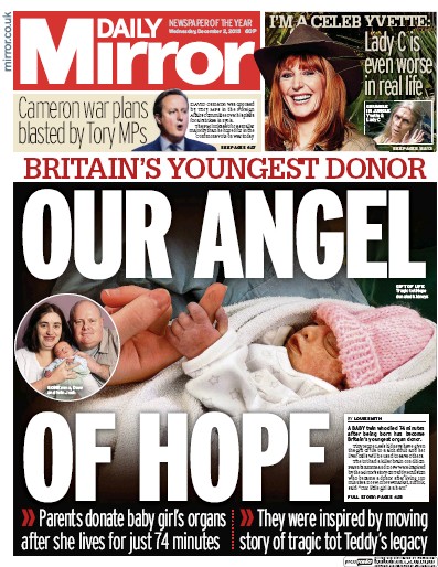 Daily Mirror Newspaper Front Page (UK) for 2 December 2015