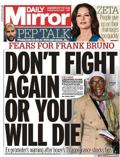 Daily Mirror Newspaper Front Page (UK) for 2 February 2016