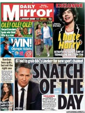 Daily Mirror (UK) Newspaper Front Page for 2 July 2012