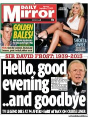 Daily Mirror Newspaper Front Page (UK) for 2 September 2013