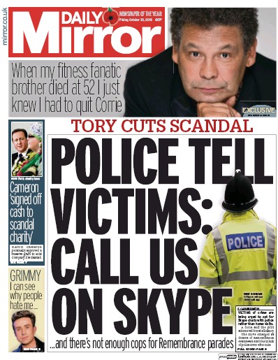 Daily Mirror Newspaper Front Page (UK) for 30 October 2015