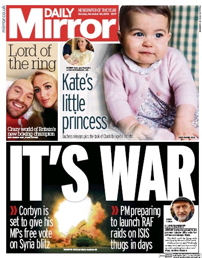 Daily Mirror Newspaper Front Page (UK) for 30 November 2015
