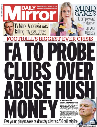 Daily Mirror Newspaper Front Page (UK) for 30 November 2016