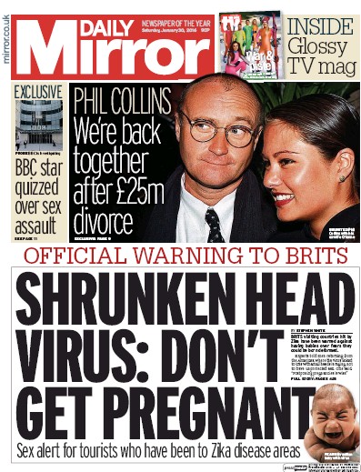 Daily Mirror Newspaper Front Page (UK) for 30 January 2016