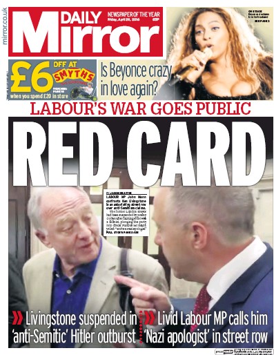 Daily Mirror Newspaper Front Page (UK) for 30 April 2016