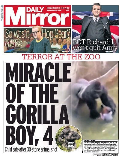 Daily Mirror Newspaper Front Page (UK) for 30 May 2016